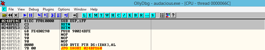 Debugging session showing register control