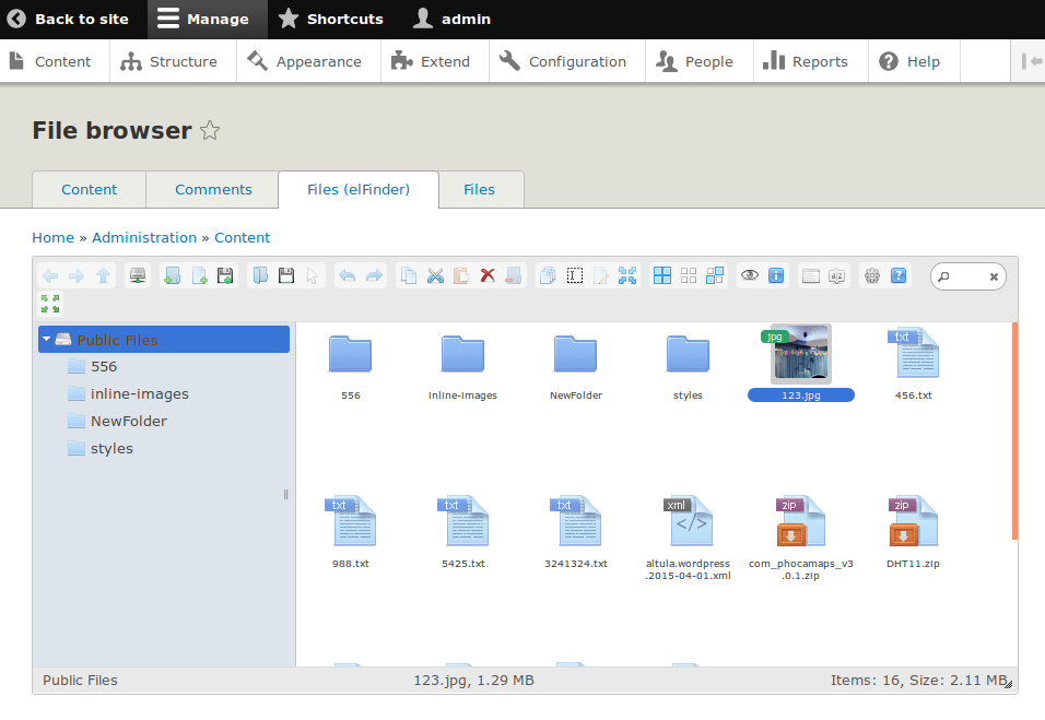 The elFinder file browser running inside Drupal