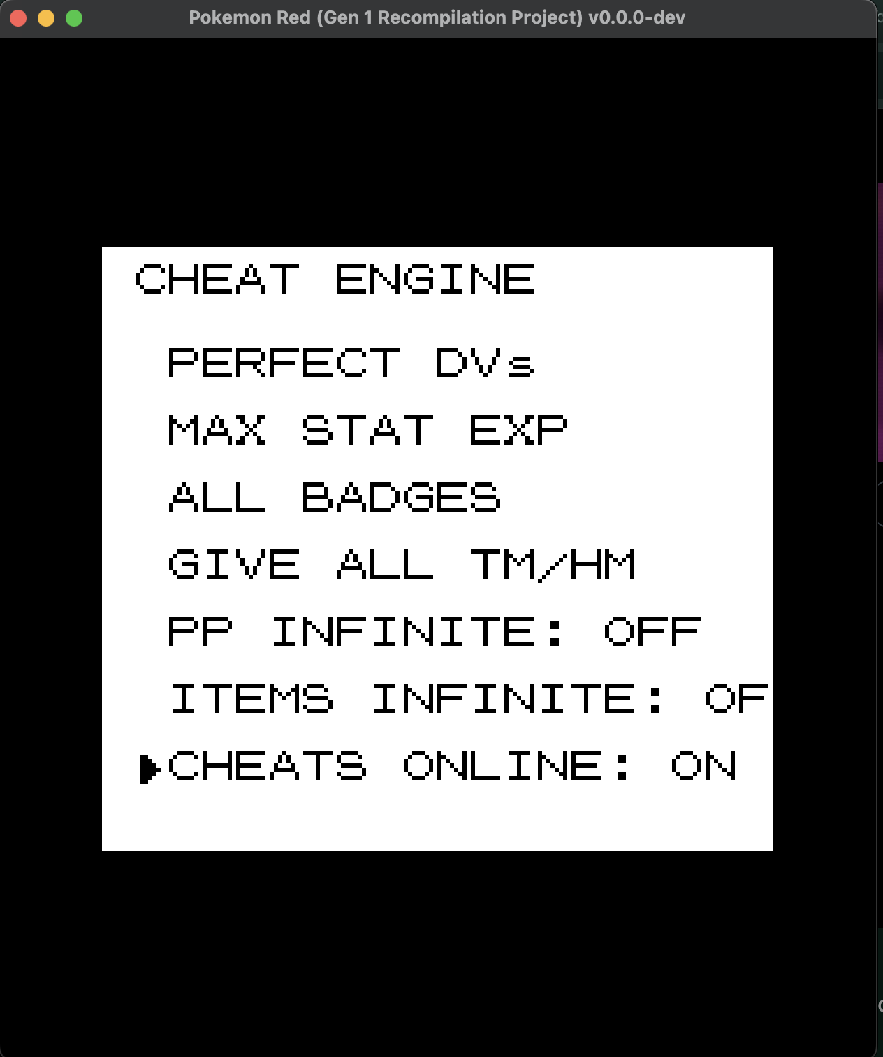 CHEATS ONLINE toggle in the F7 menu